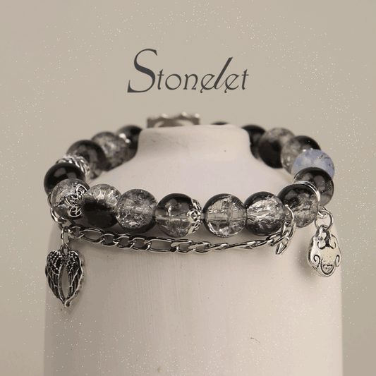 Stonelet Black and White Crackled Crystal Bracelet Glossy Glass Beads Edgy Minimalist Design Statement Hip-Hop Style Jewelry-6012
